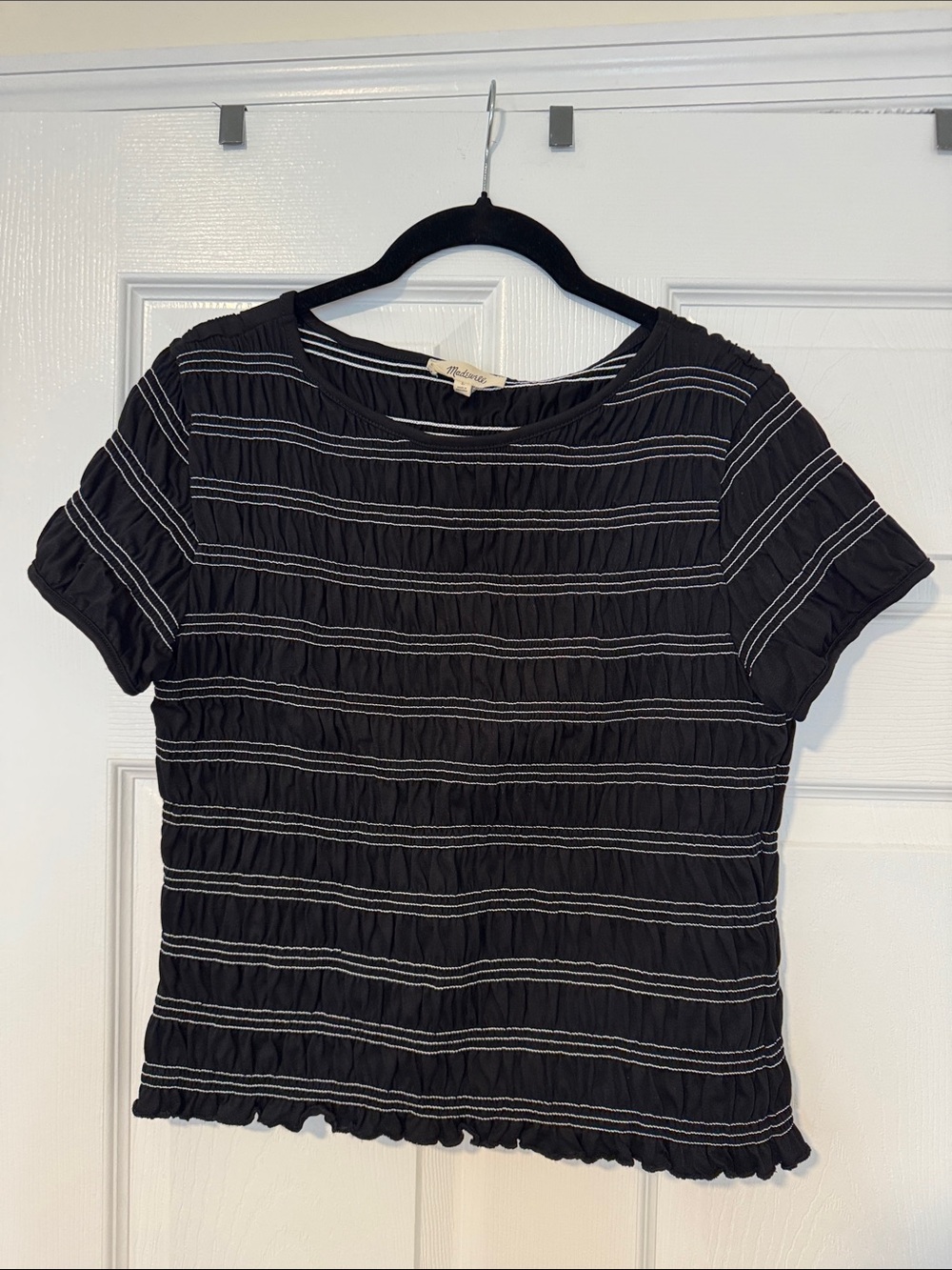 Madewell Women Black Short-Sleeve Smocked Stripe Top Size L